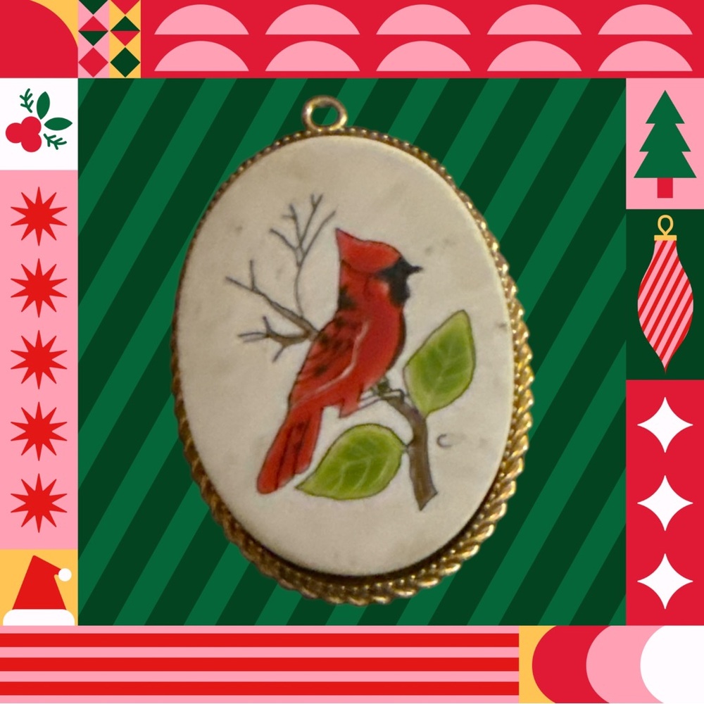 Vintage Cardinal Pendant hand painted 1.5”